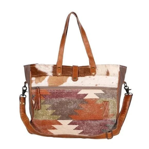 Myra Bag Handmade Crusader Weekender Bag Upcycled Canvas & Cowhide Leather - Picture 2 of 8